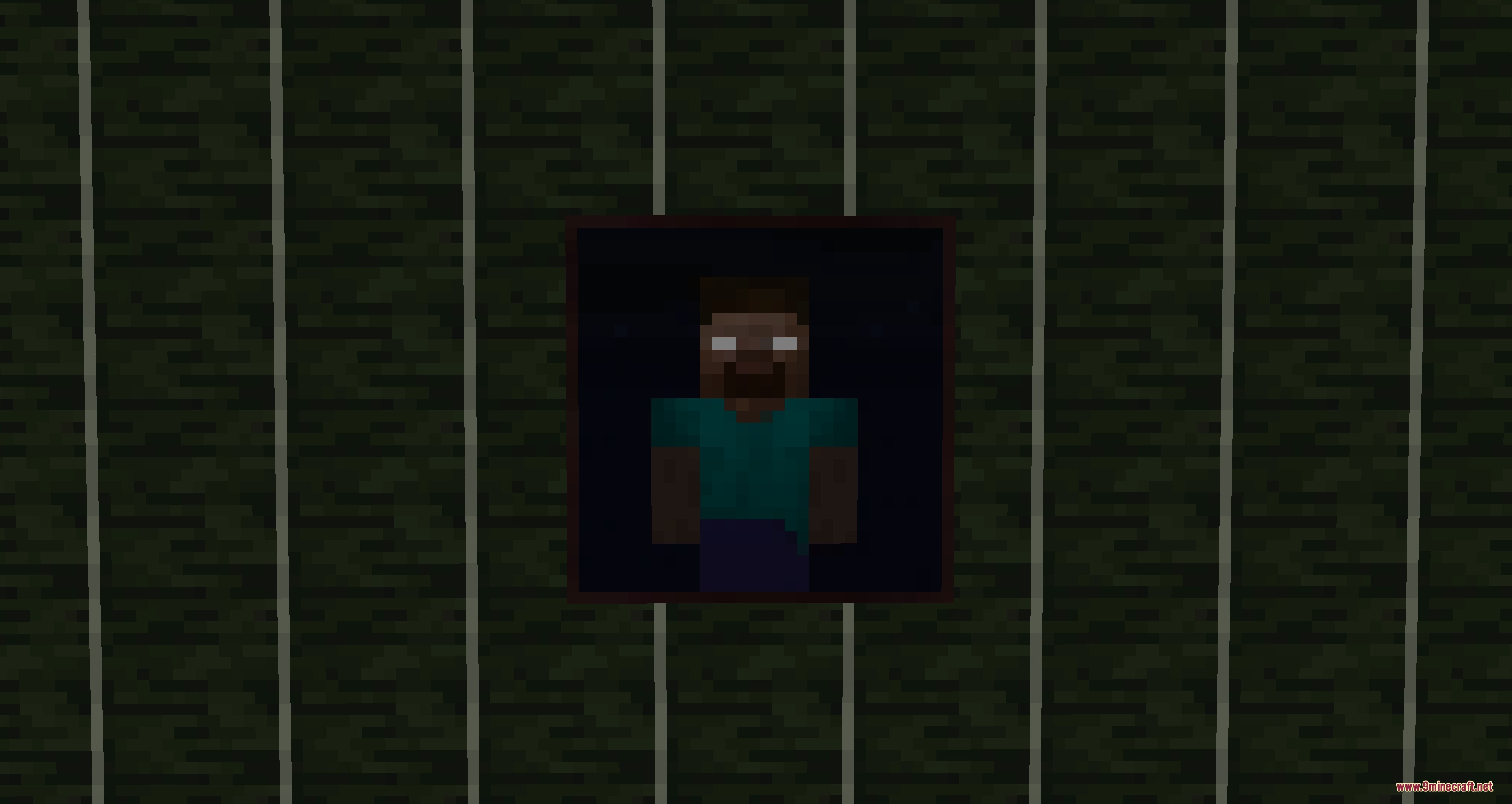 Vibrant Sundries Mod Screenshot 8 A spooky Herobrine painting hanging on a dark wooden wall in a room