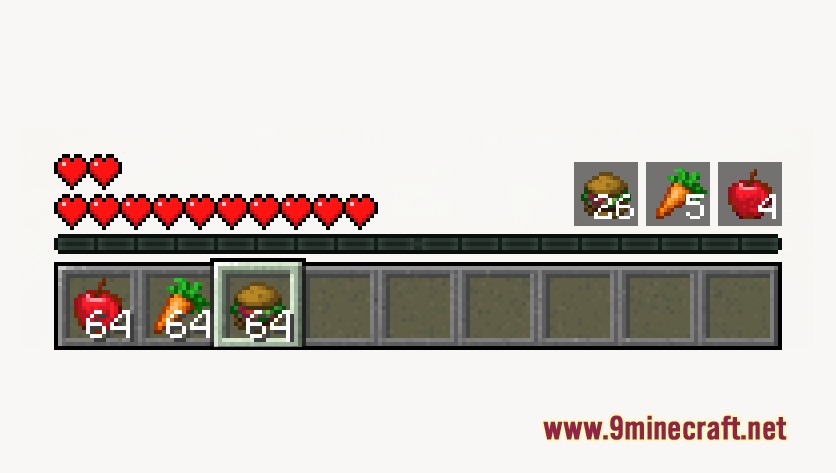 Vigor Feast Reborn Mod Screenshot 1 Minecraft interface showing active food slots and increased health bars from nutrition