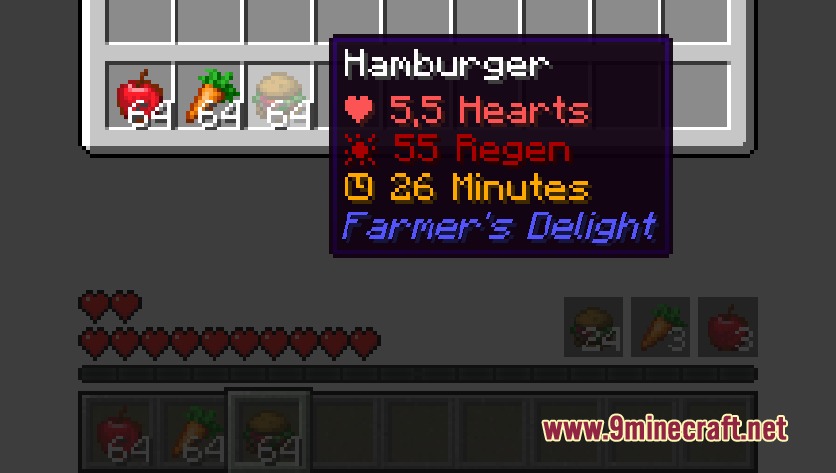 Vigor Feast Reborn Mod Screenshot 2 Inventory tooltip displaying heart bonuses and regeneration time for a hamburger item