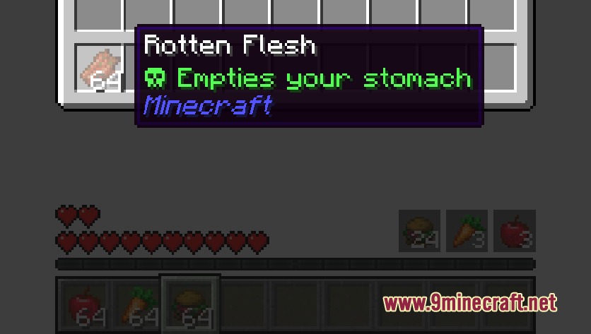 Vigor Feast Reborn Mod Screenshot 3 Minecraft inventory showing rotten flesh with a tooltip about emptying the player stomach