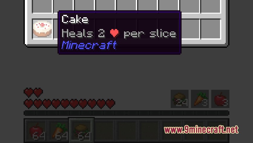 Vigor Feast Reborn Mod Screenshot 4 Minecraft inventory showing cake with a tooltip about healing hearts for each slice
