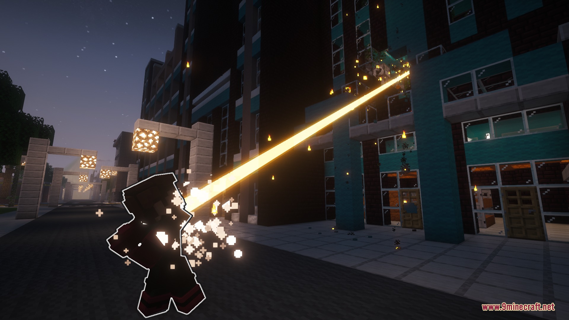 Character using laser vision from the Vile Bloodline mod at a city building