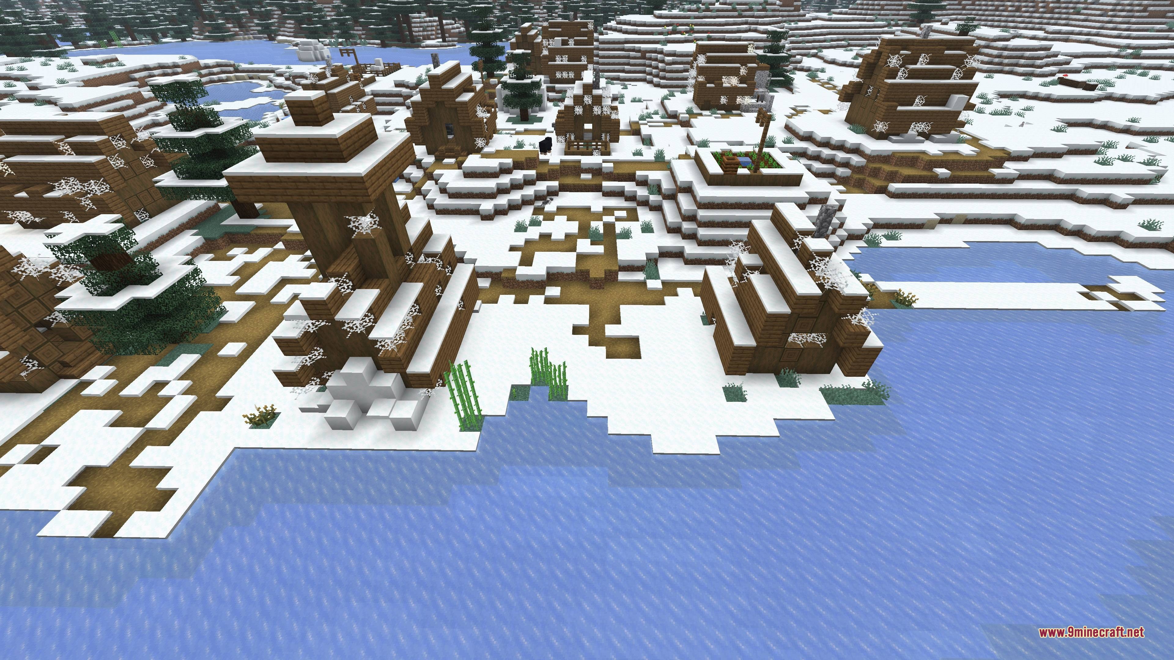 Snowy village ruins with cobwebs and wooden structures near a frozen lake