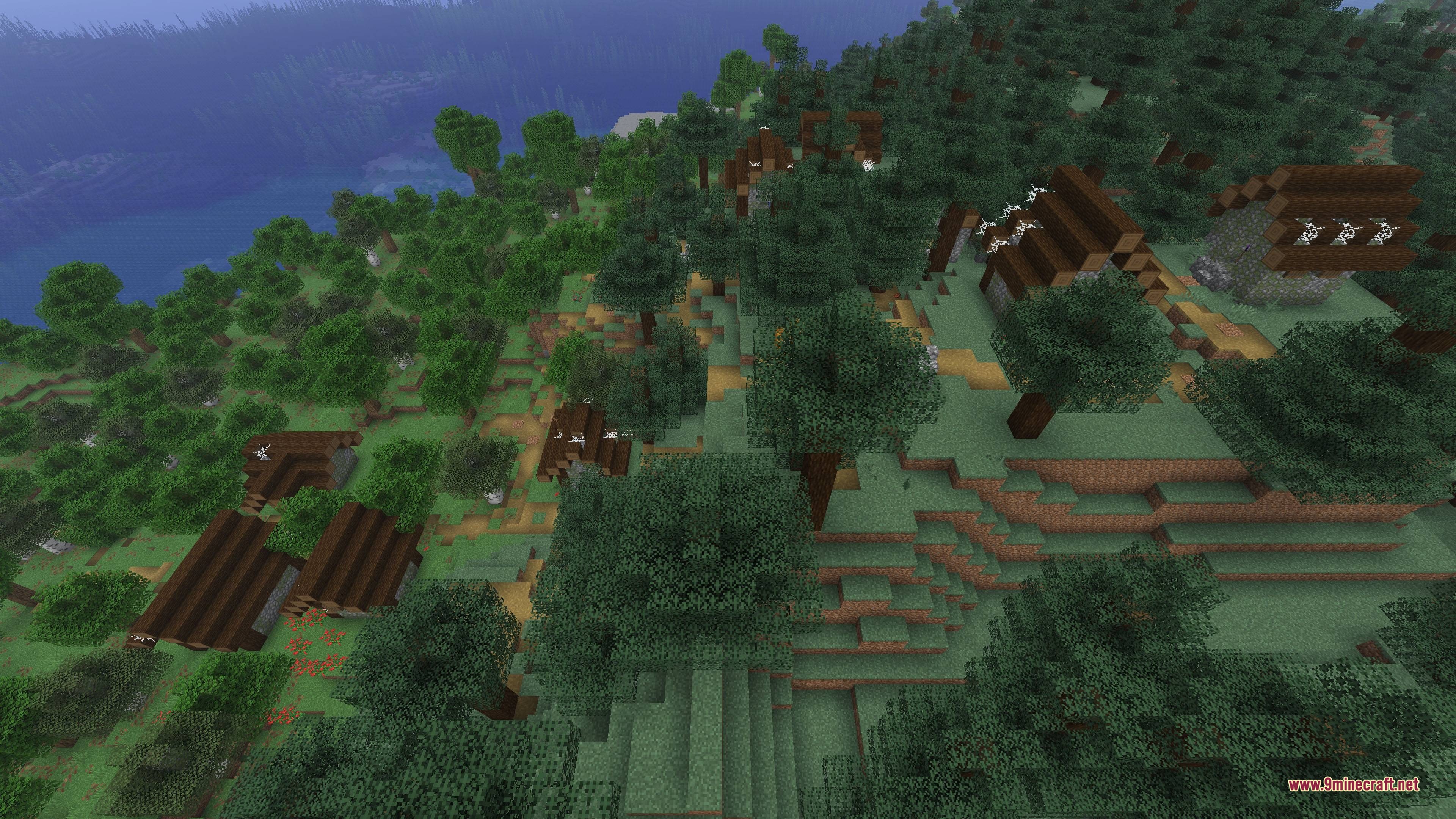 Abandoned village ruins with cobwebs and broken buildings in a forest biome