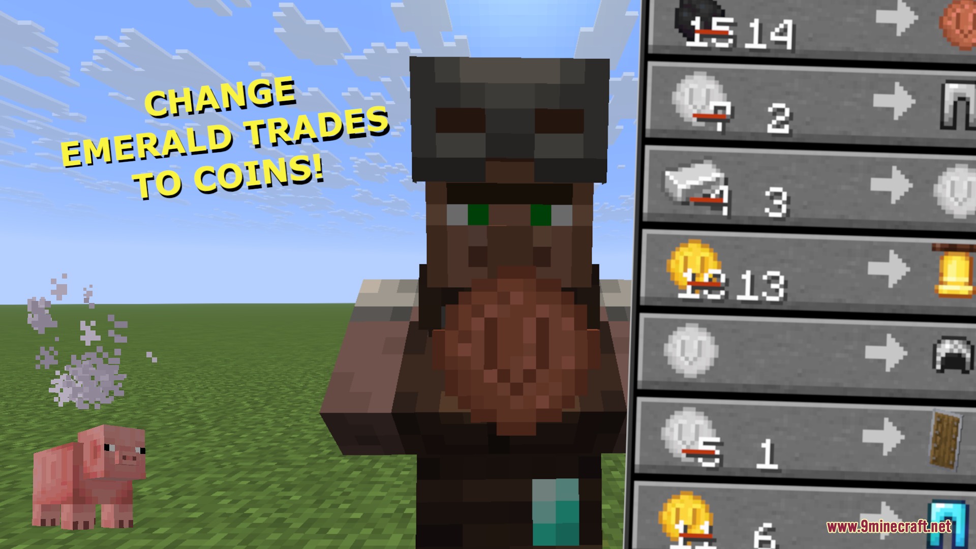 Villager Coin Mod Screenshot 1 A villager holding a copper coin next to a custom trading menu