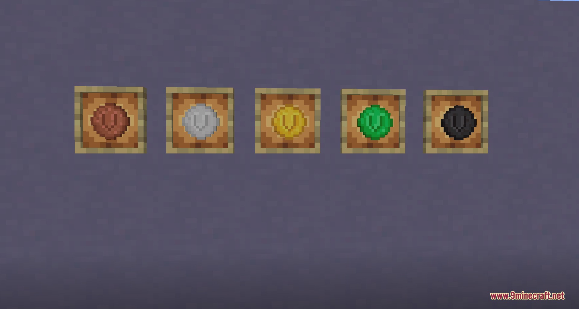 Villager Coin Mod Screenshot 2 Five different types of coins displayed in item frames on a wall