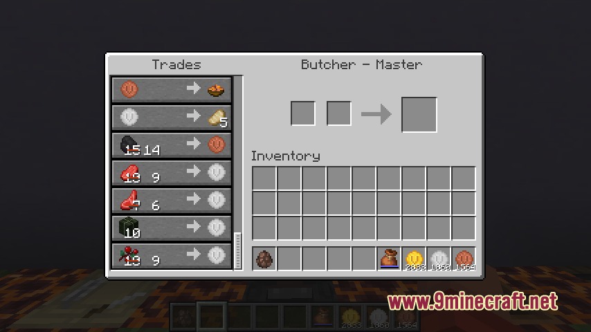 Villager Coin Mod Screenshot 7 Master butcher villager trading interface showing custom coins for various meat items