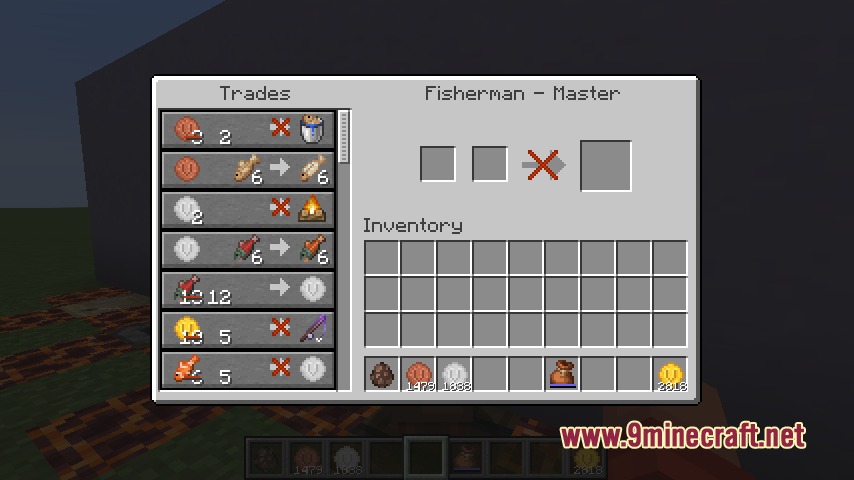 Villager Coin Mod Screenshot 8 Master fisherman villager trading interface displaying custom coins for fishing equipment