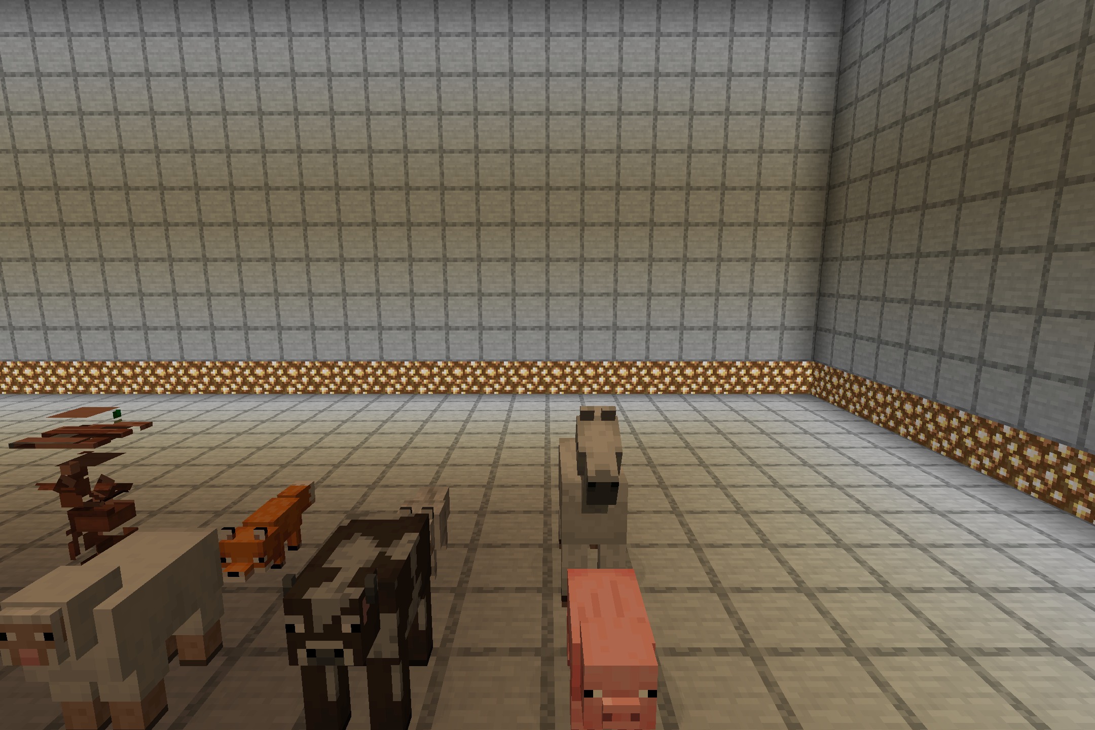 A closer view of several Minecraft animals inside a grid patterned room