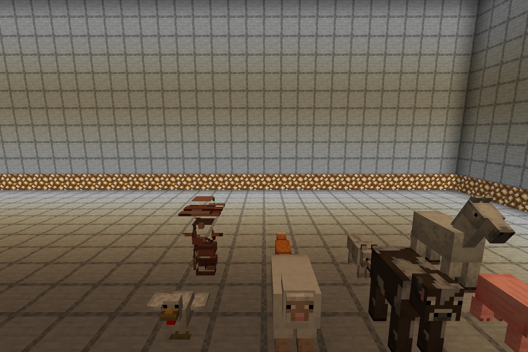 A collection of various Minecraft mobs standing in a large gray room