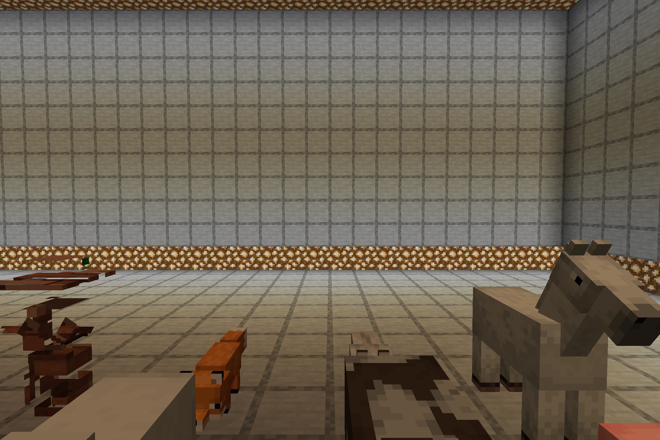 Close up view of several Minecraft animals inside a gray testing chamber