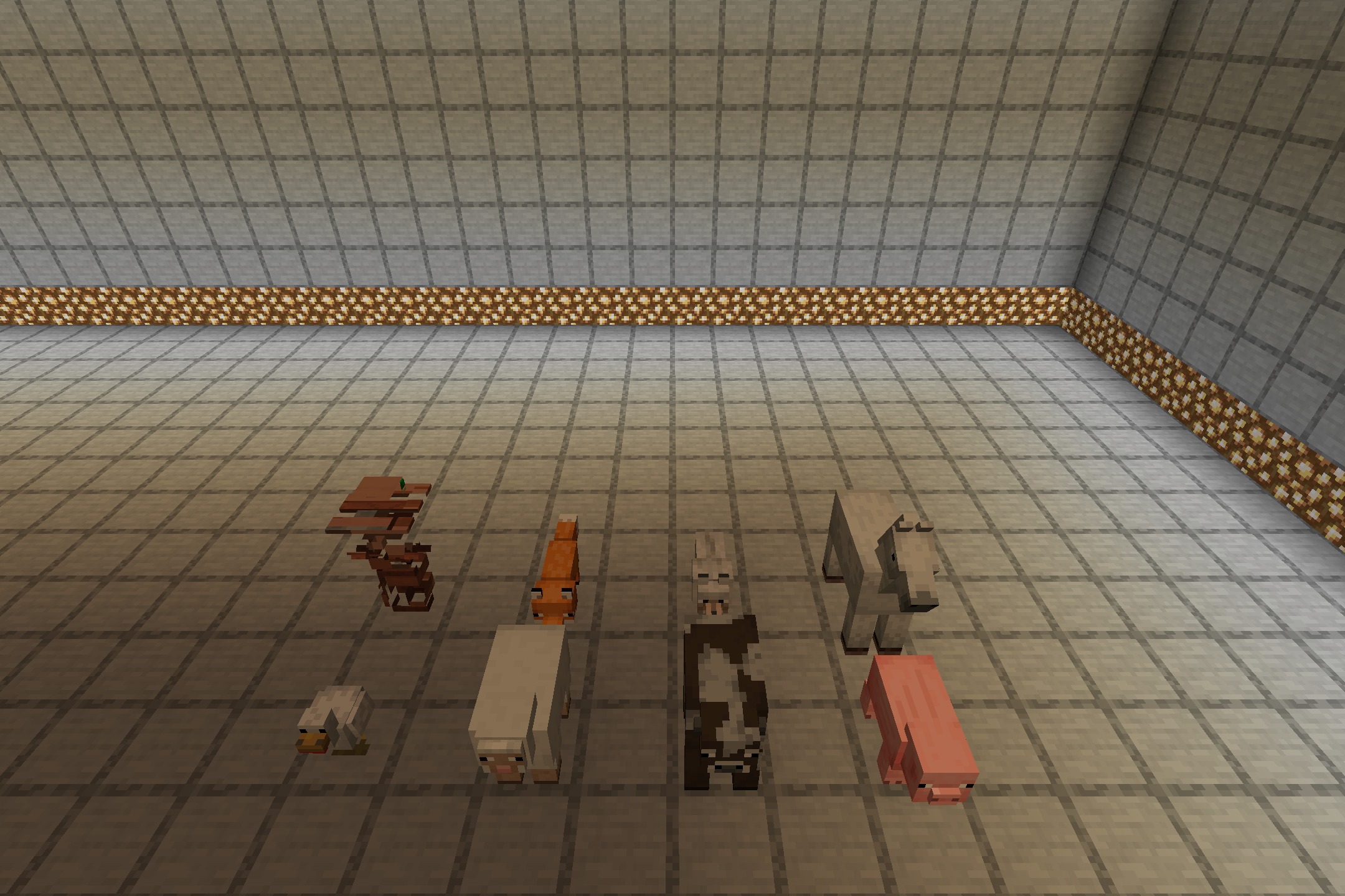 A female villager model standing among several Minecraft animals in a stone room