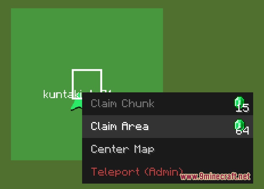 Villager Recruits Village Expansion Mod Screenshot 1 A map interface showing options to claim chunks or areas using emeralds