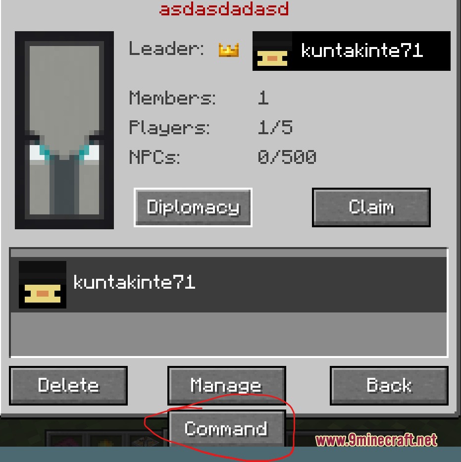 Villager Recruits Village Expansion Mod Screenshot 4 The faction management menu with a red circle highlighting the command button