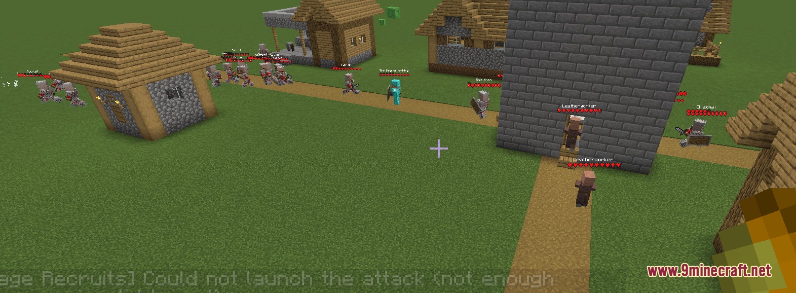 Villager Recruits Village Expansion Mod Screenshot 5 Armored soldiers and villagers standing in a village on a flat world
