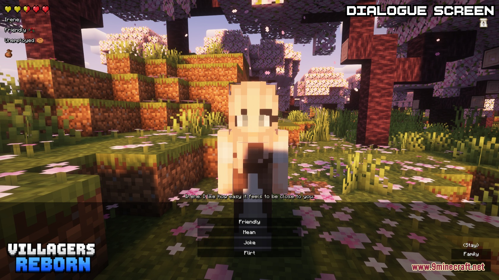 Villagers Reborn Mod Screenshot 2 Interacting with a female character using a dialogue screen in a cherry biome