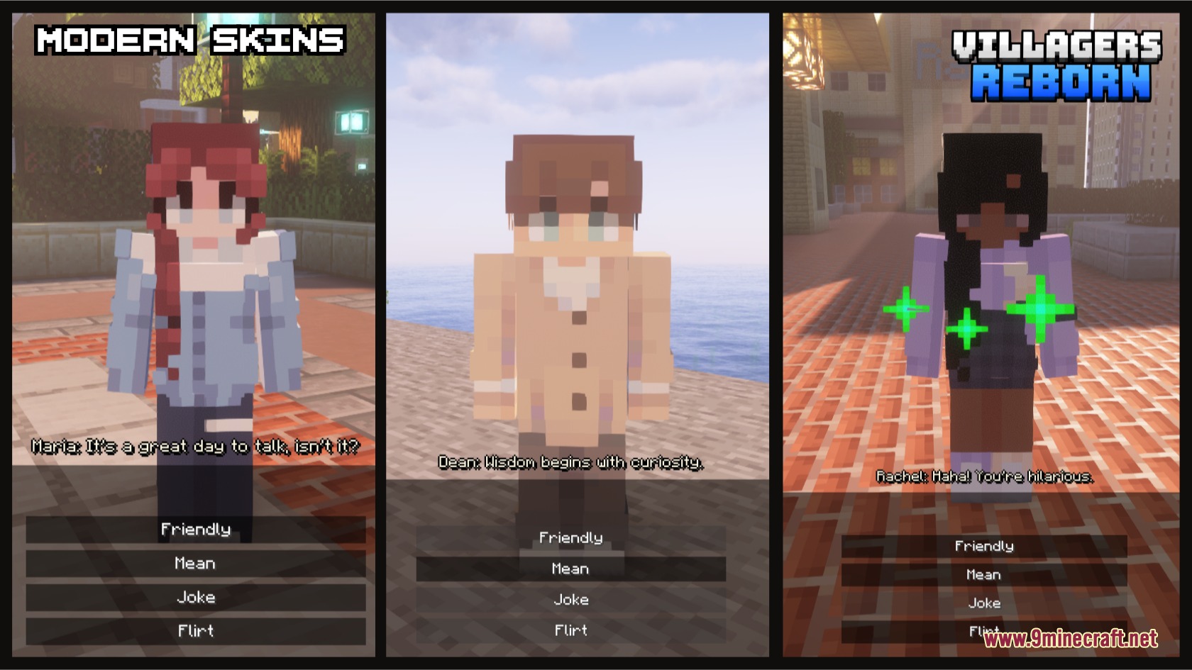 Villagers Reborn Mod Screenshot 4 Dialogue interface showing interaction options with three different human villager characters