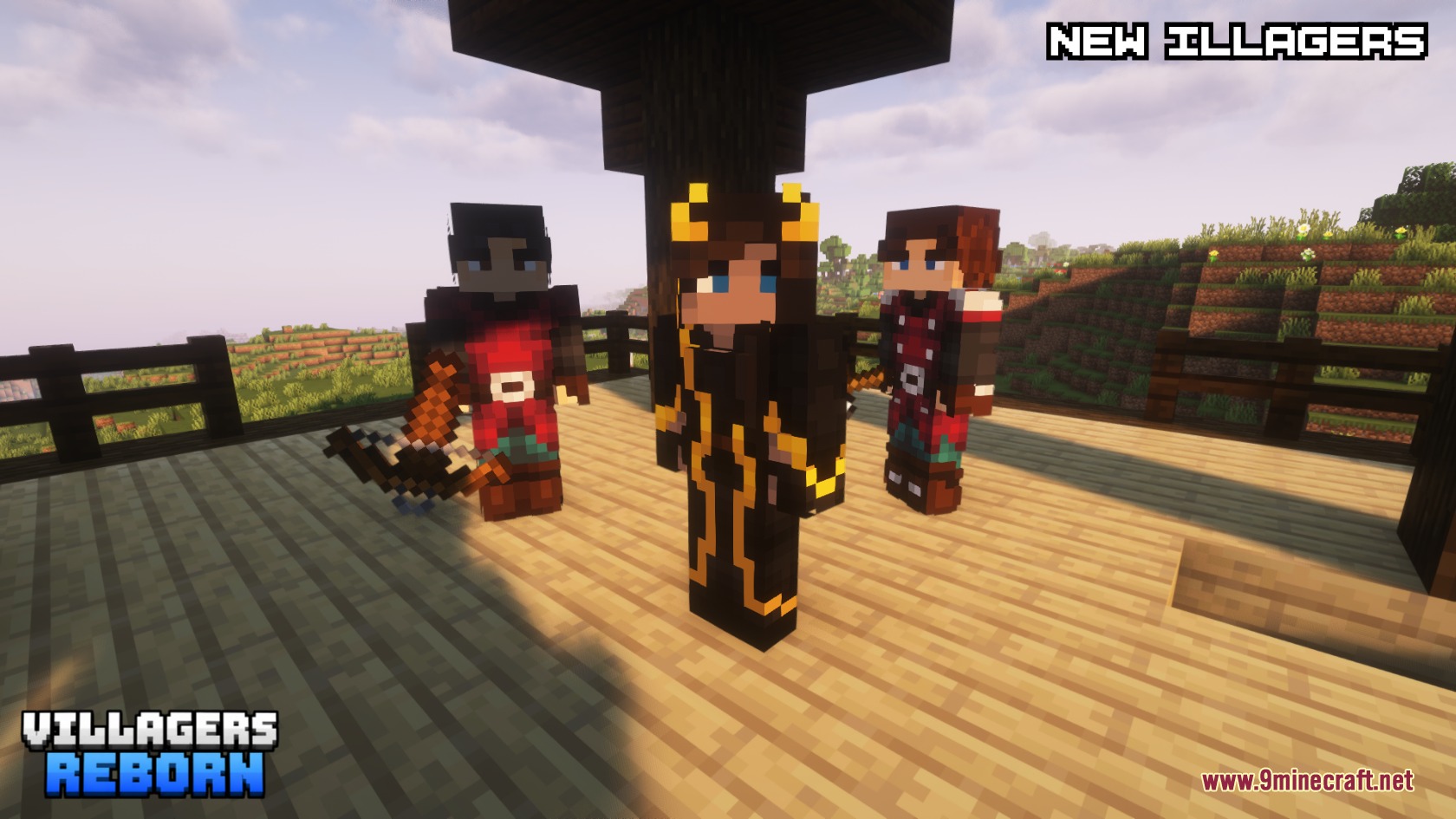 Villagers Reborn Mod Screenshot 7 Three human illager characters standing on a wooden platform in Minecraft
