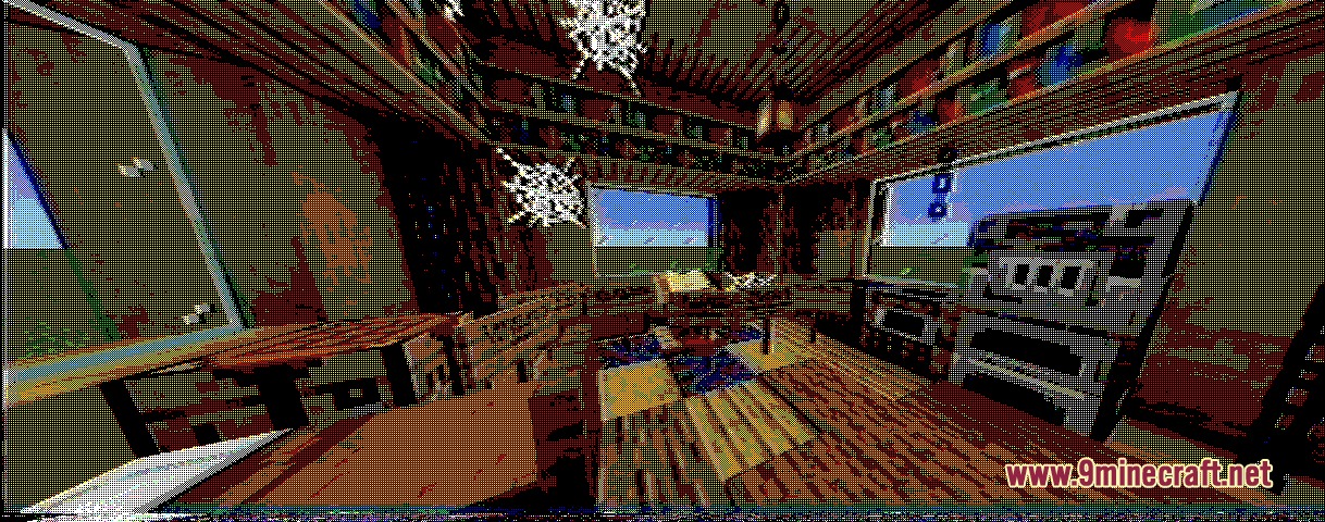 Viostt.jar Horror Horror Event Arg Mod Screenshot 1 Glitchy Minecraft room filled with cobwebs and bookshelves from a horror event