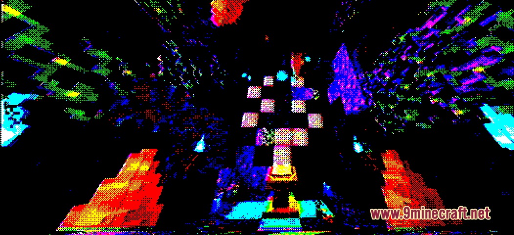 Viostt.jar Horror Horror Event Arg Mod Screenshot 2 Surreal neon glitch effects surrounding a mysterious glowing structure in the dark