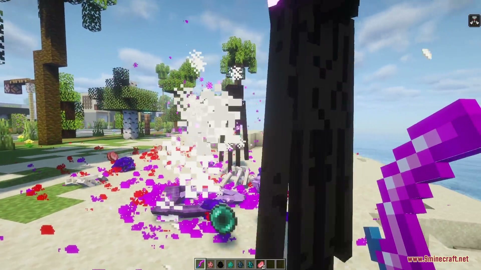 Visceral Remains Mod Screenshot 2 Purple blood splatters on the ground near an Enderman and ender pearl