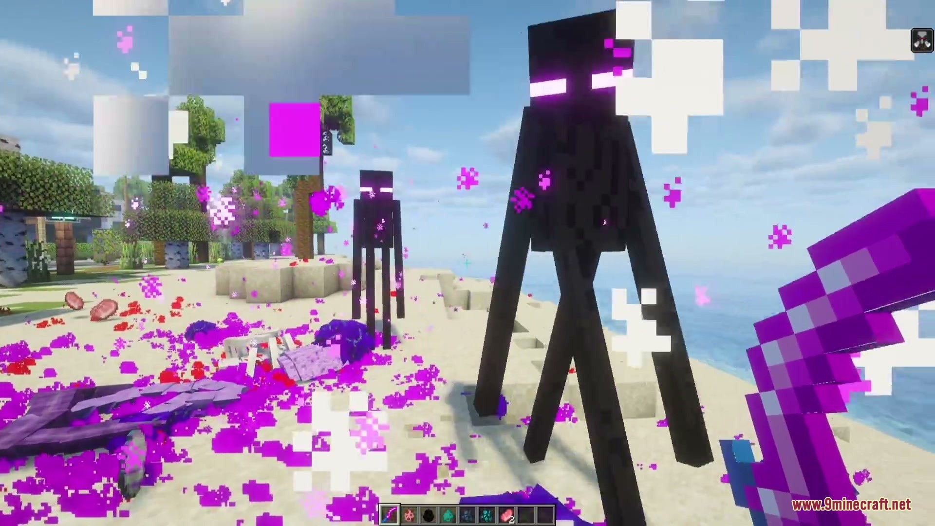 Visceral Remains Mod Screenshot 3 Endermen standing near purple blood and visceral remains on a sandy beach