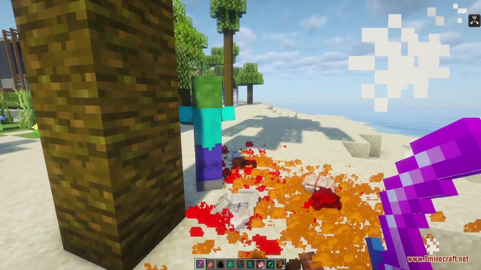 Visceral Remains Mod Screenshot 5 A zombie stands next to bloody remains and bones on the sand