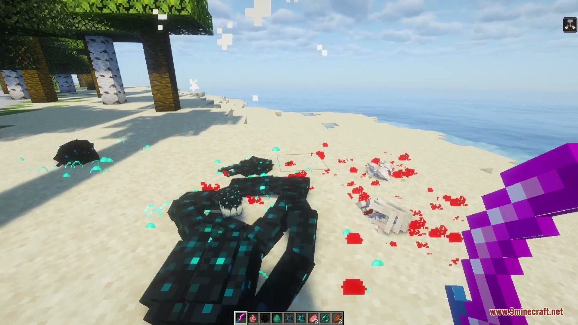 Visceral Remains Mod Screenshot 7 Defeated Warden scattering dark remains and red blood across the sandy beach