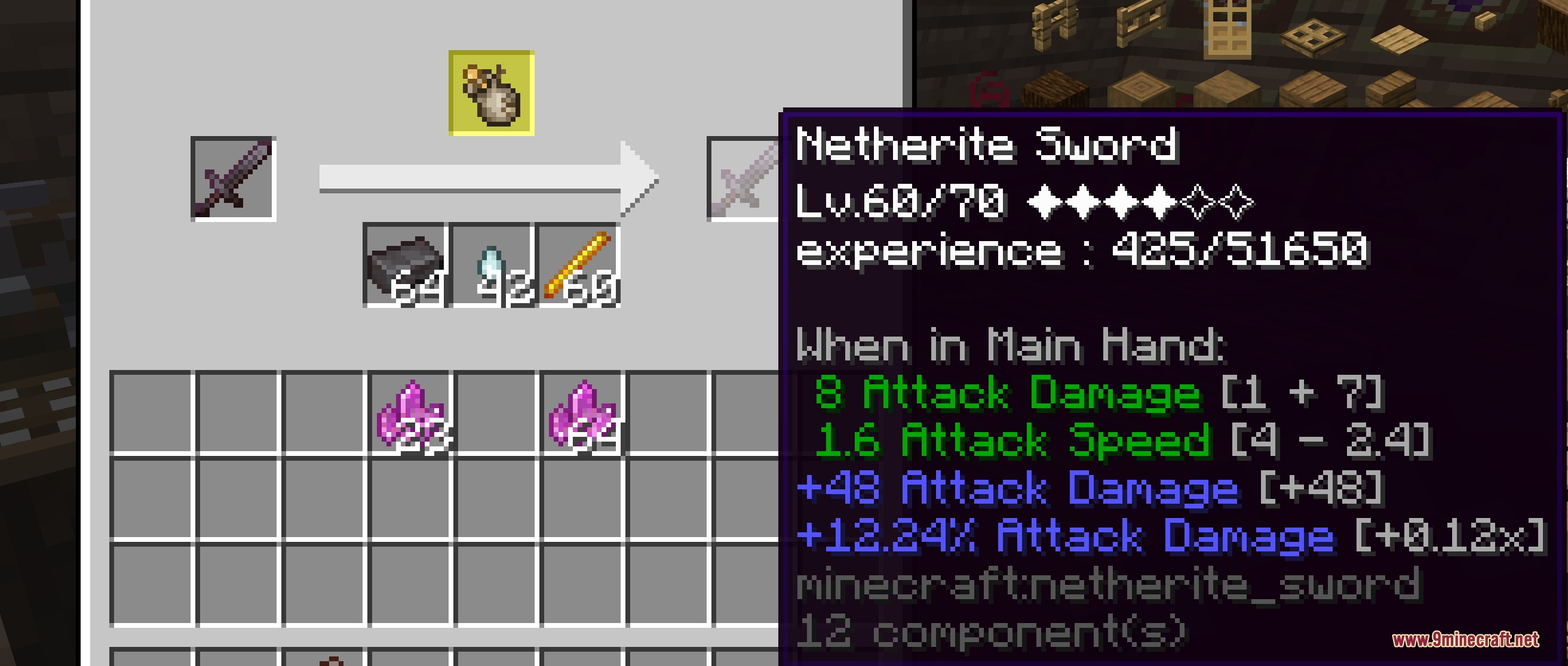 Visionary Teyvat Rifts Mod Screenshot 1 Upgrading a Netherite Sword with ascension materials in the Visionary Teyvat Rifts mod