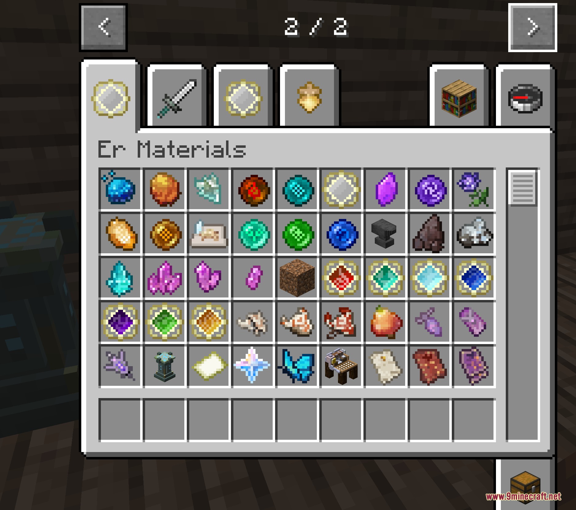 Visionary Teyvat Rifts Mod Screenshot 3 A variety of colorful elemental materials and crystals in the Minecraft inventory