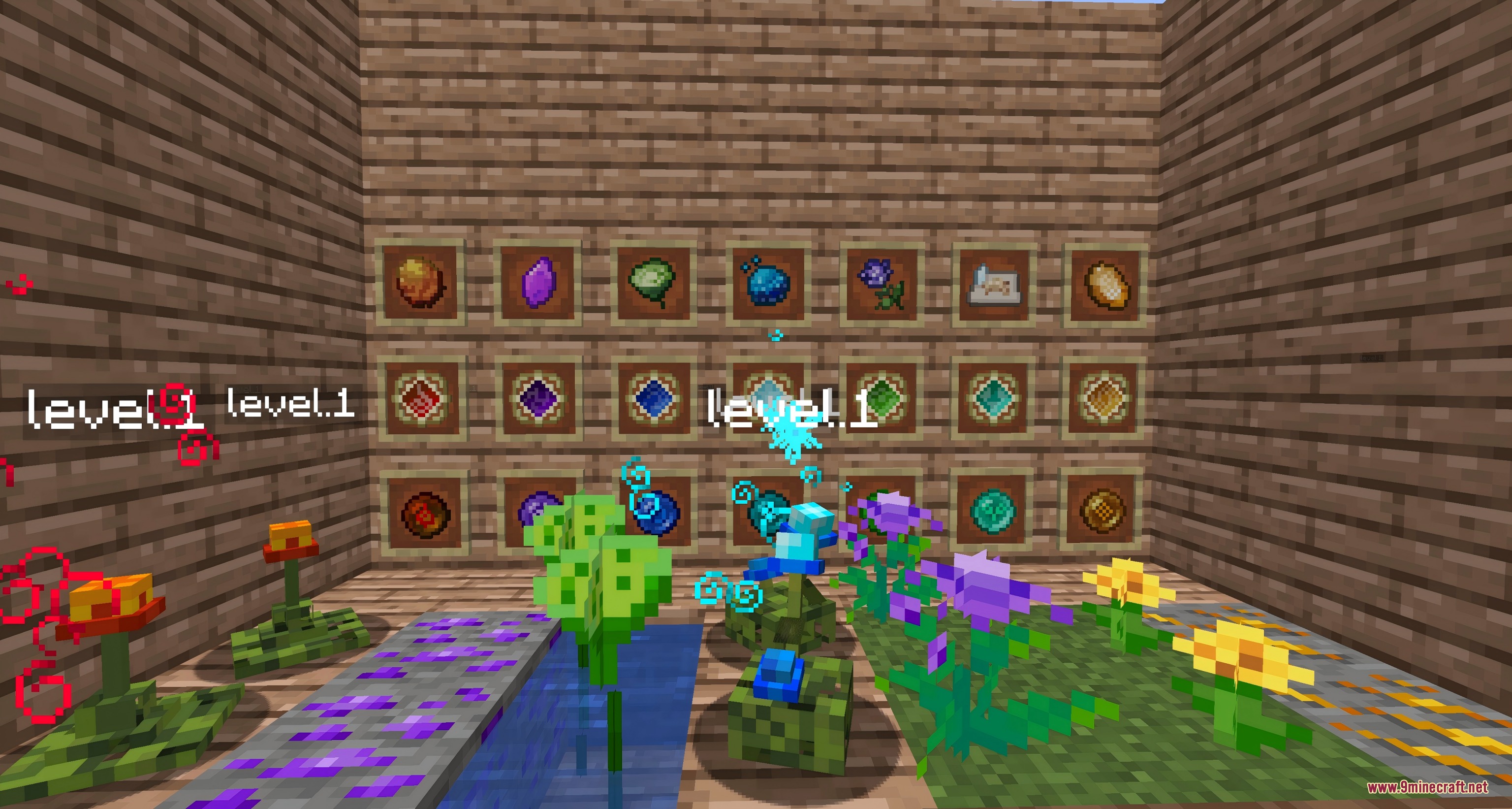 Visionary Teyvat Rifts Mod Screenshot 5 Various magical items and ascension materials displayed in item frames on wooden walls
