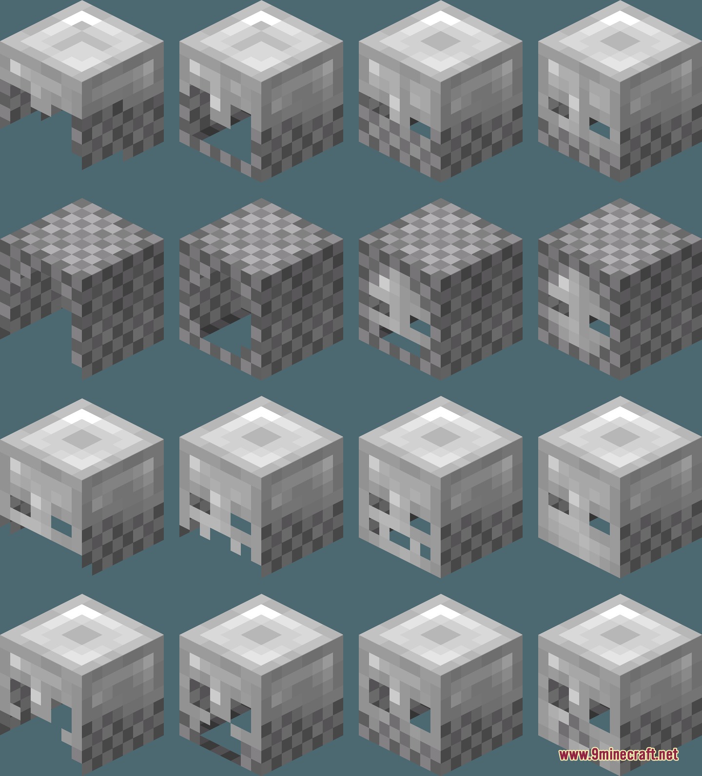 Visual Enchants Resource Pack Screenshot 1 A grid of iron helmets showing different enchantment textures with checkerboard patterns