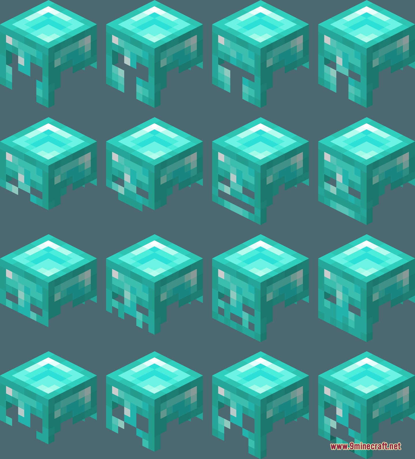 Visual Enchants Resource Pack Screenshot 4 Sixteen diamond helmets displaying different visual enchantment patterns for better gear identification
