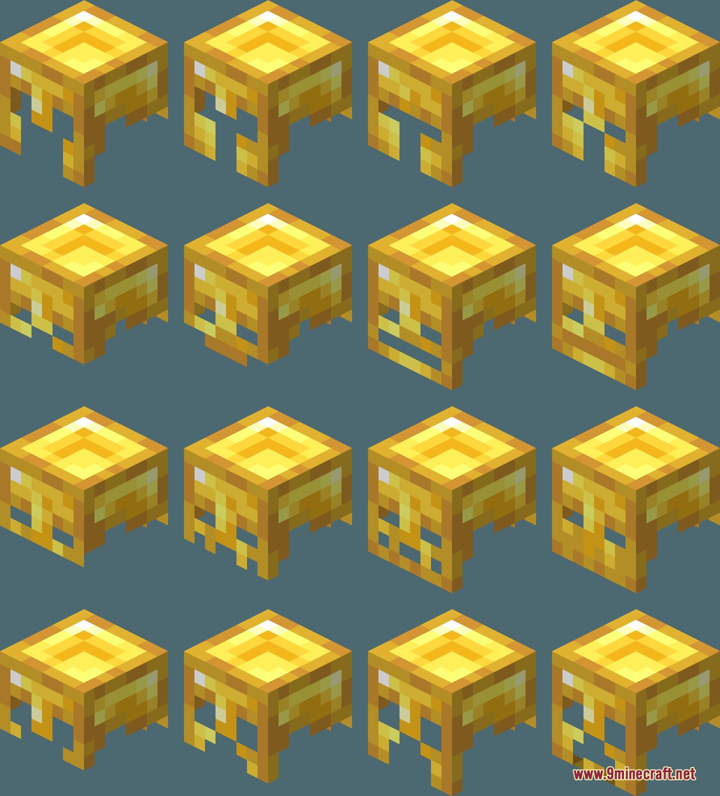 Visual Enchants Resource Pack Screenshot 5 Sixteen golden helmets displaying different blue pixel patterns for various enchantments