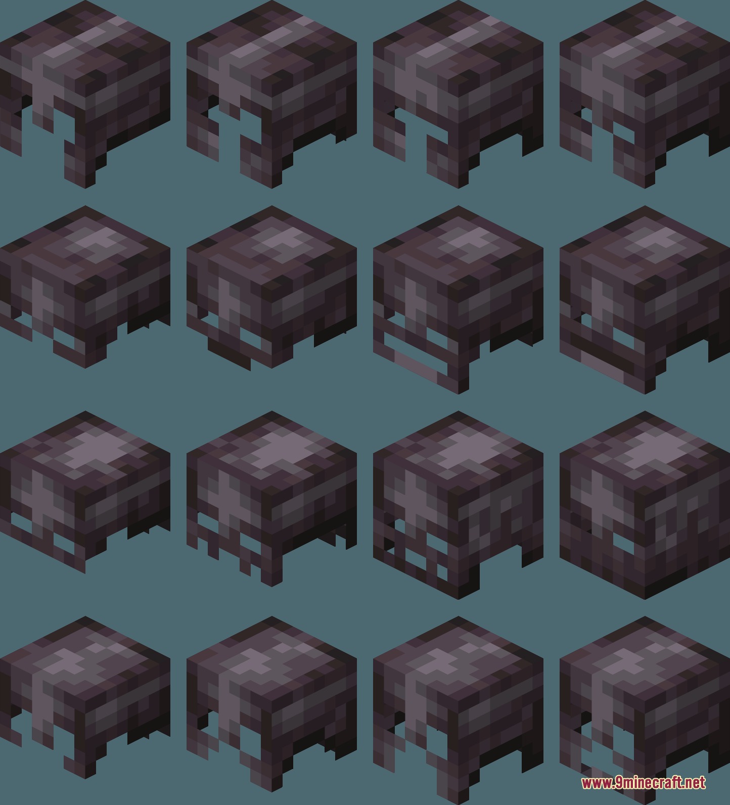Visual Enchants Resource Pack Screenshot 6 Sixteen netherite helmets showing unique blue pixel designs for different magical enchantments