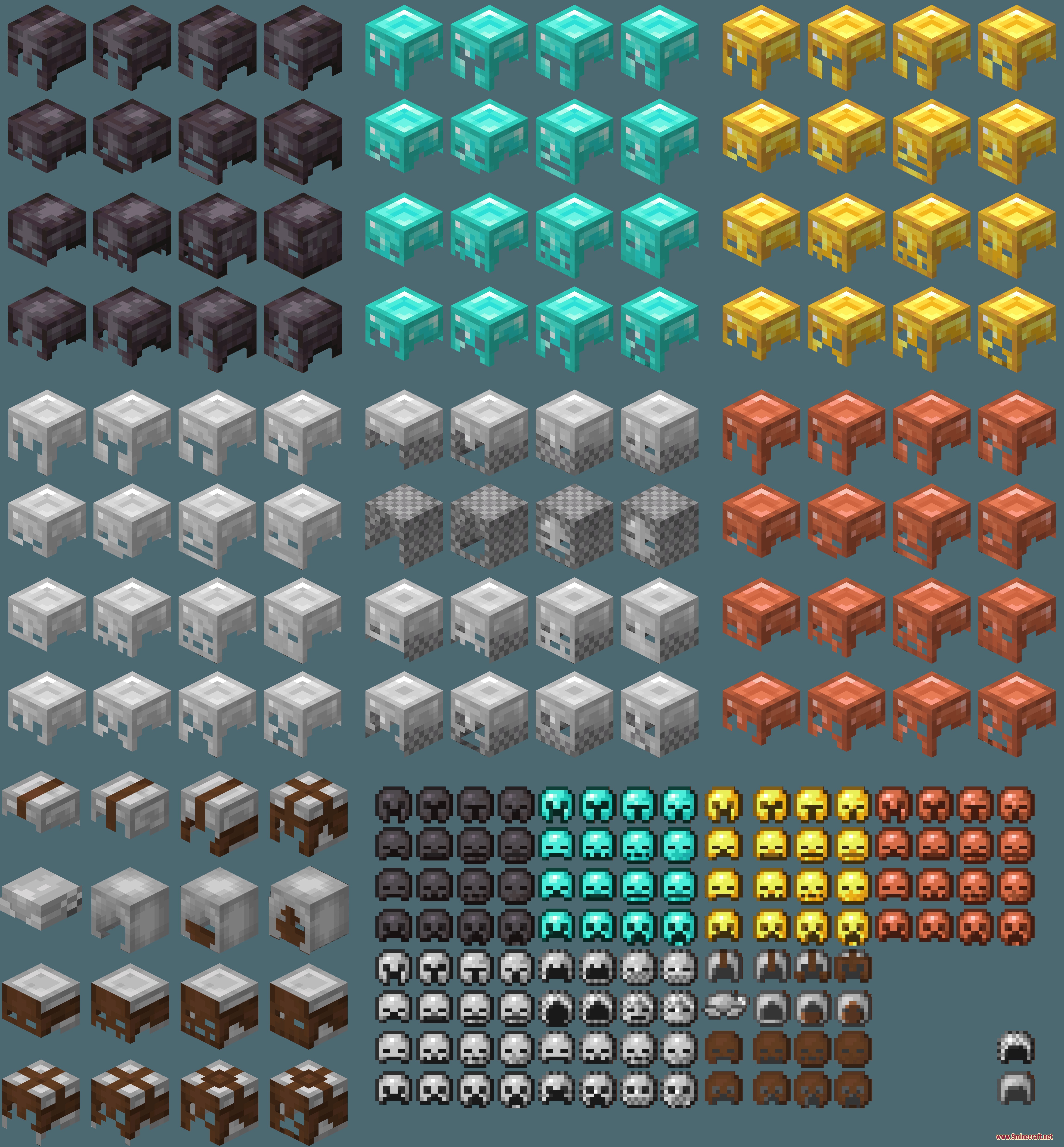 Visual Enchants Resource Pack Screenshot 7 Custom helmet textures for various armor materials showing different magic enchantment designs