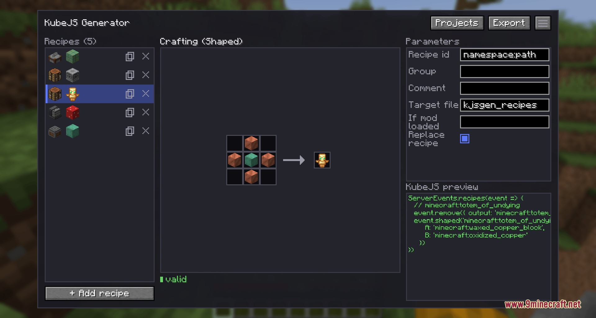 Visual Recipe Architect Mod Screenshot 1 Visual Recipe Architect menu showing a custom shaped crafting recipe for a totem item