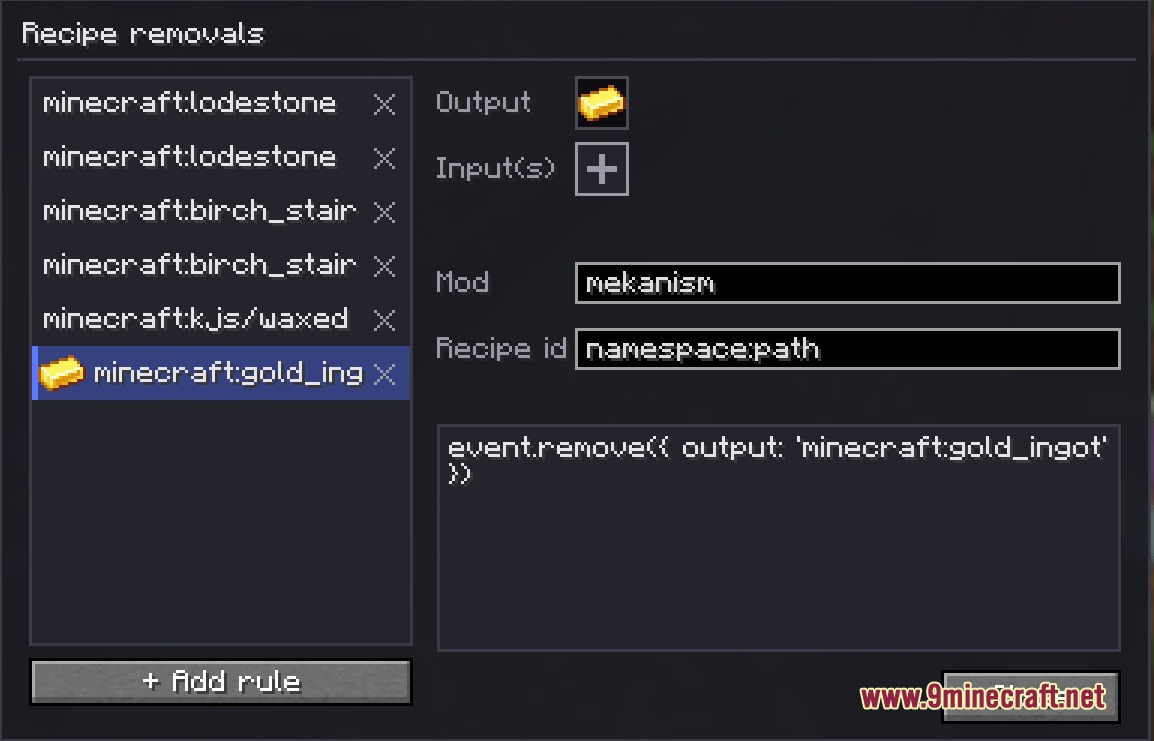 Visual Recipe Architect Mod Screenshot 4 The recipe removals menu allows players to delete specific item crafting recipes