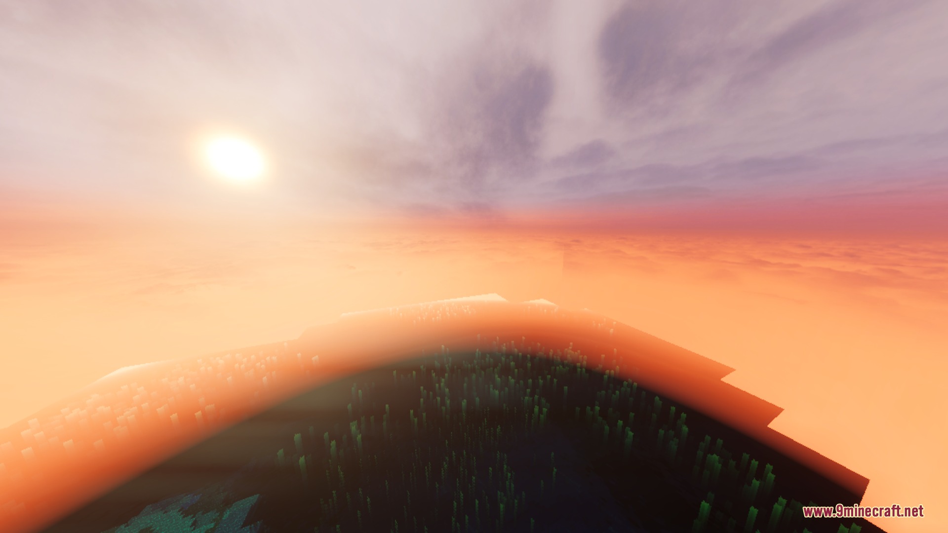 Visuals PLUS Shader Screenshot 2 Warm sunset colors glow through thick fog over a field of underwater plants
