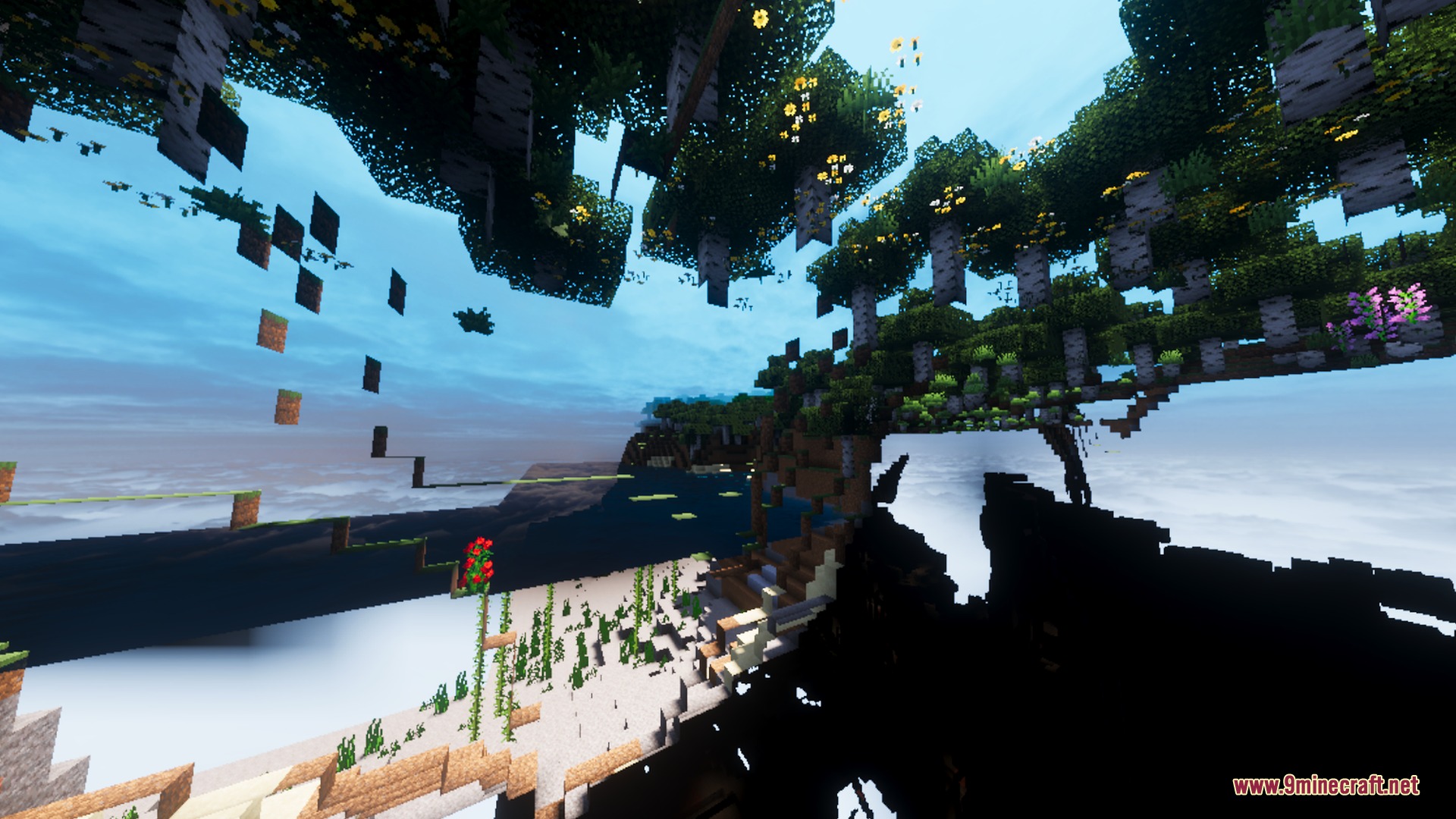 Visuals PLUS Shader Screenshot 3 Surreal floating terrain with realistic water and bright sunlight in Minecraft
