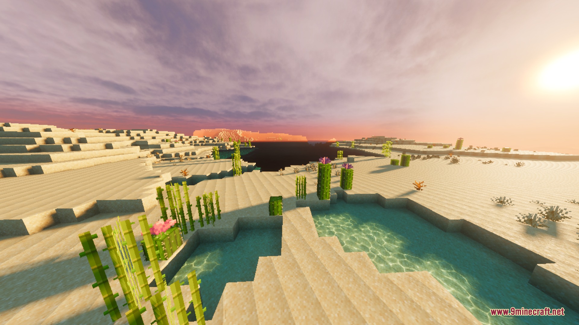 Visuals PLUS Shader Screenshot 9 Sun rays shining over a desert landscape with sugar cane and reflective water