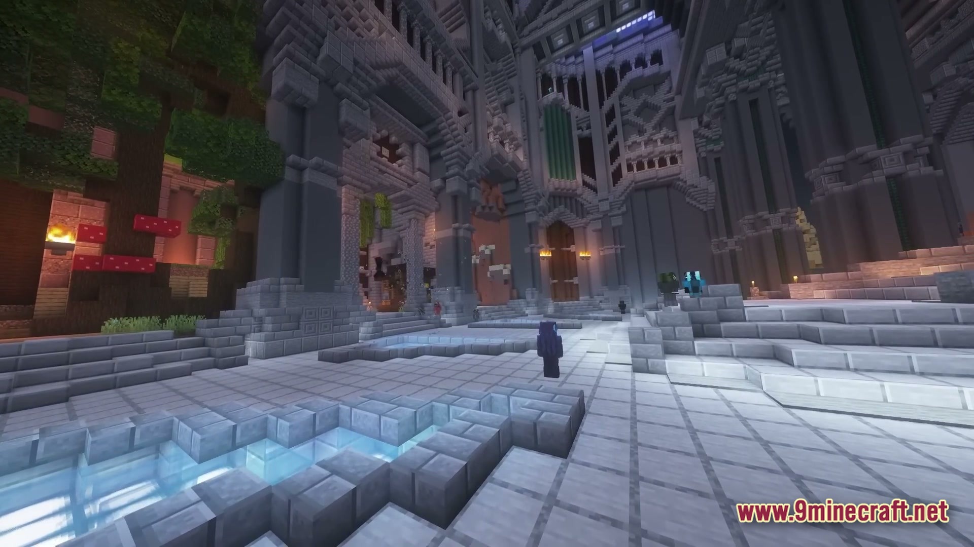 Vital Kinetic Rituals Modpack Screenshot 1 A player stands within a massive stone hall featuring intricate architecture and glowing water pools