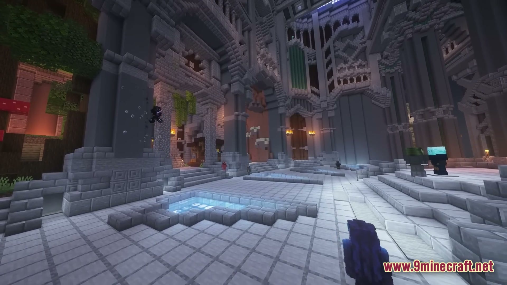Vital Kinetic Rituals Modpack Screenshot 2 A large stone hall with intricate architecture, glowing pools, and several characters standing on platforms