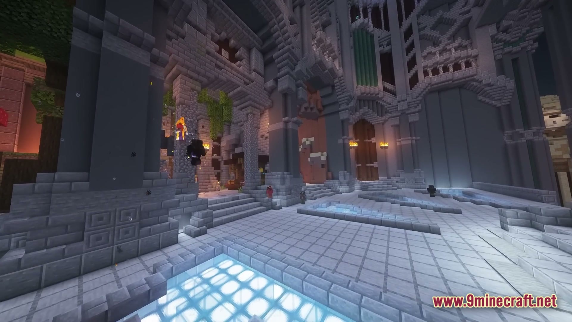 Vital Kinetic Rituals Modpack Screenshot 3 A large stone cathedral interior featuring vaulted ceilings, glowing floor panels, and intricate architectural details
