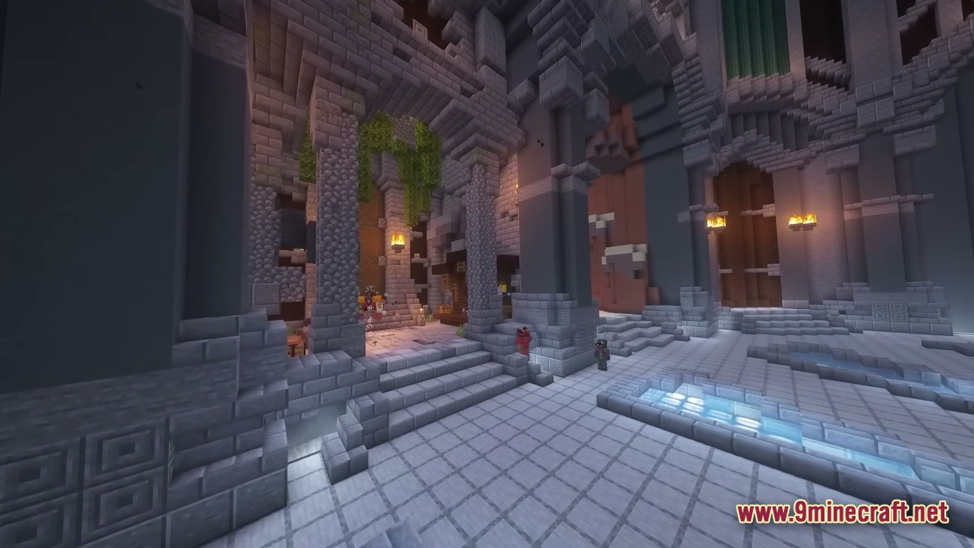 Vital Kinetic Rituals Modpack Screenshot 4 A large stone hall featuring vaulted ceilings, decorative pillars, and glowing blue floor channels