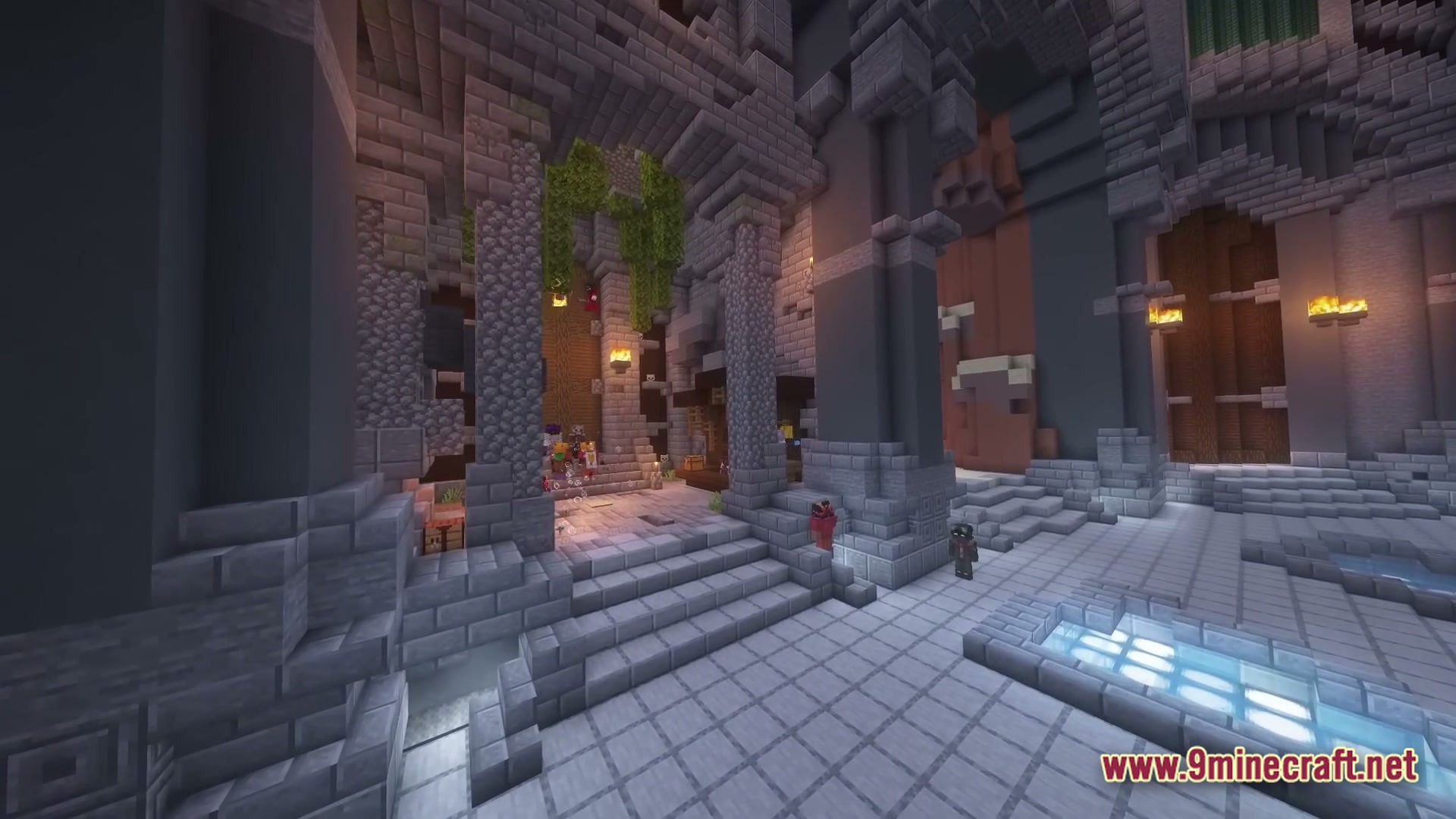 Vital Kinetic Rituals Modpack Screenshot 5 A large stone brick hall featuring tall pillars, arched entryways, and glowing floor lanterns