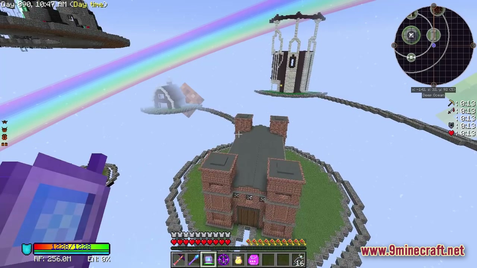 Vital Kinetic Rituals Modpack Screenshot 6 Floating islands with various structures connected by bridges under a rainbow in a skyblock world