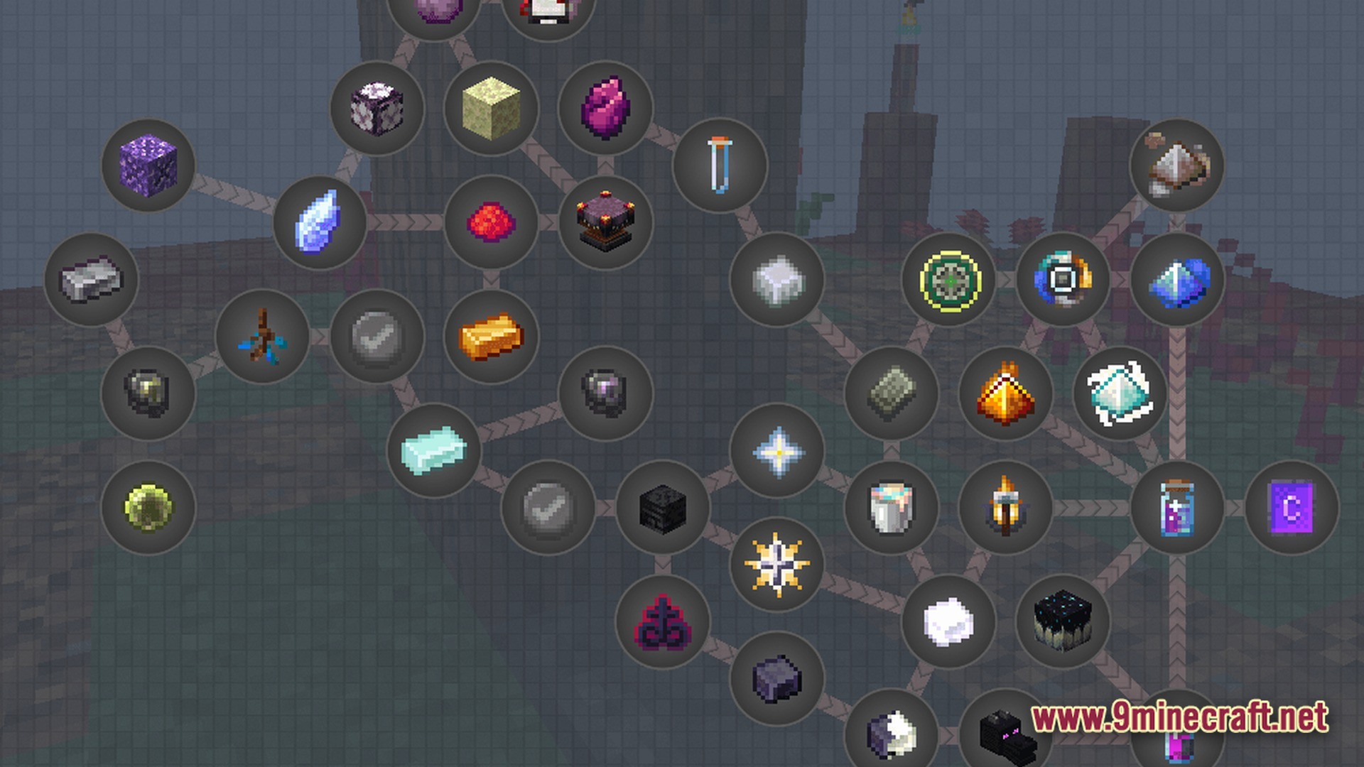 Vital Kinetic Rituals Modpack Screenshot 8 A branching quest tree interface displaying various modded items, blocks, and progression paths in Minecraft