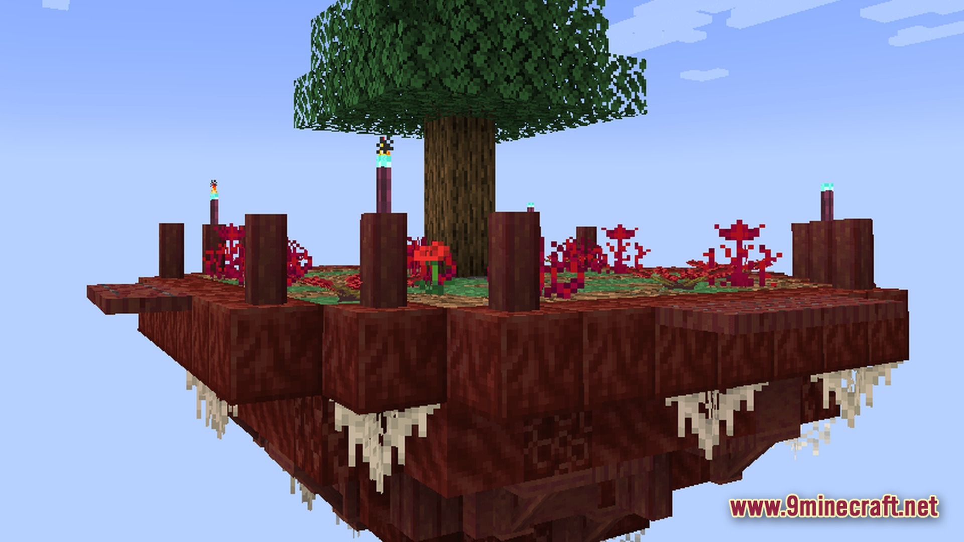 Vital Kinetic Rituals Modpack Screenshot 9 A floating island made of crimson wood blocks featuring a central oak tree and red vegetation