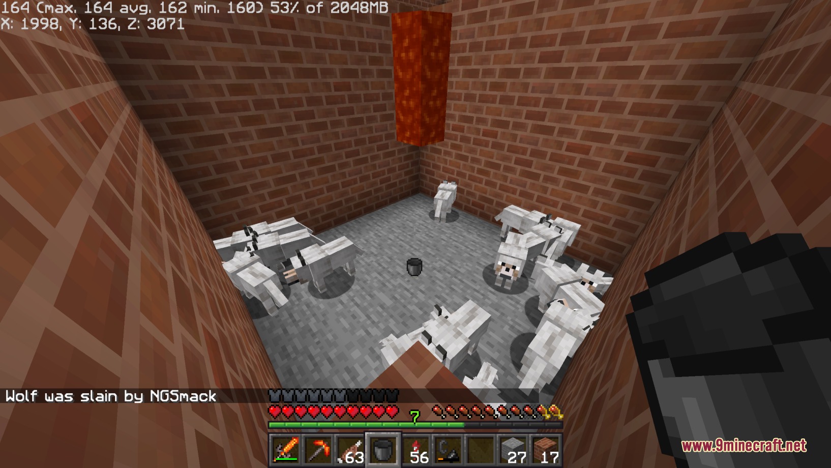 Vivid Interface Designer Mod Screenshot 2 Player holding a bucket in a brick room filled with many white wolves